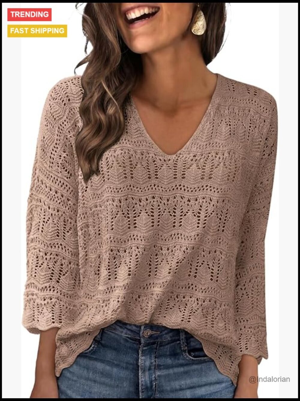 Womens Crochet Boho 3/4 Sleeve Lightweight Cover Up Sweater Top